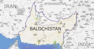 Map of Balochistan highlighting its geographical location, borders with Iran and Afghanistan, and its coastline along the Arabian Sea.