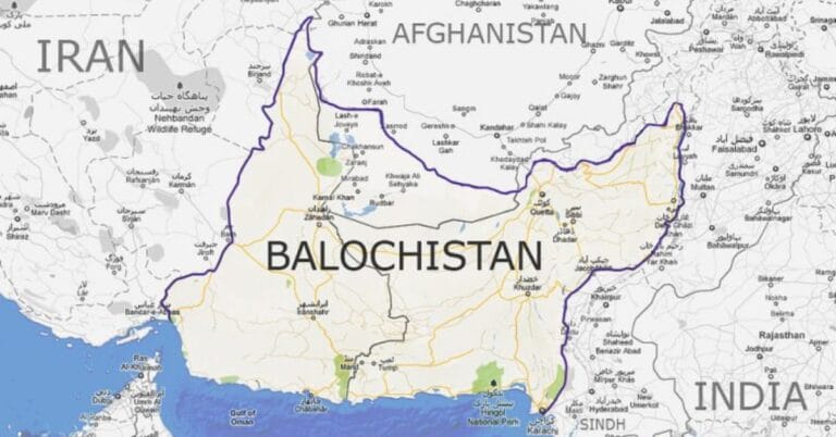Balochistan: A Land of Riches, Betrayal and Resistance Map of Balochistan highlighting its geographical location, borders with Iran and Afghanistan, and its coastline along the Arabian Sea.