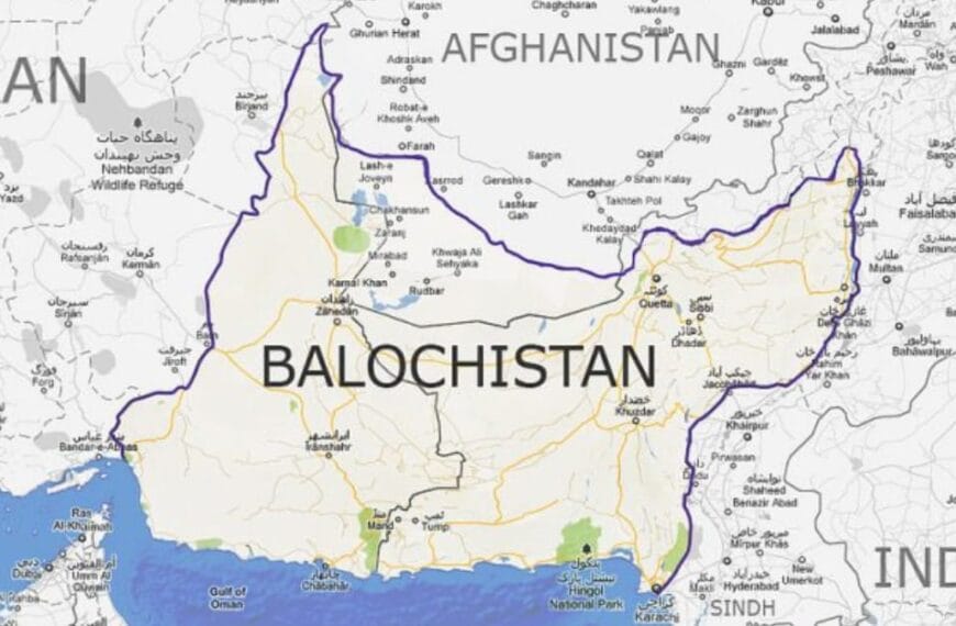 Map of Balochistan highlighting its geographical location, borders with Iran and Afghanistan, and its coastline along the Arabian Sea.