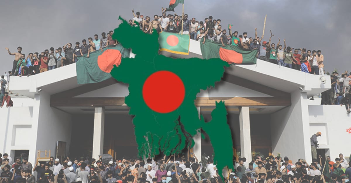Map of Bangladesh with an image of protests and vandalism, symbolizing the country's ongoing political turmoil and unrest. For interview with Salah Uddin Shoaib Choudhury.