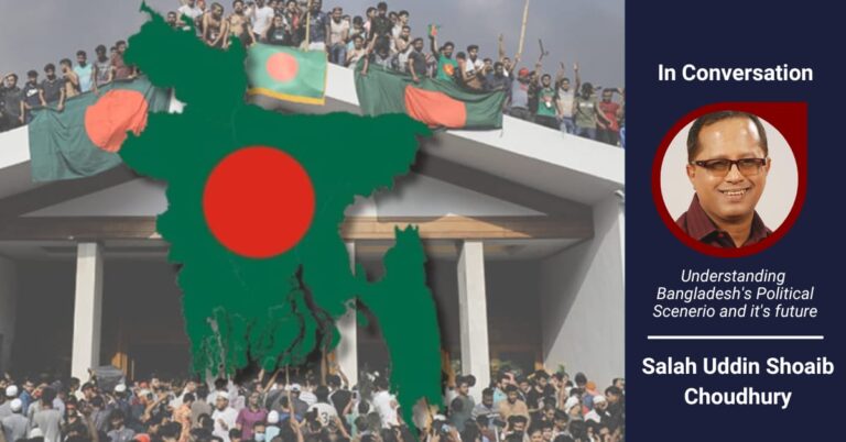 Bangladesh at a Crossroad: Salah Uddin Shoaib Choudhury on Political, Uphealing, Geopolitics and Media Freedom Map of Bangladesh with an image of protests and vandalism, symbolizing the country's ongoing political turmoil and unrest. For interview with Salah Uddin Shoaib Choudhury.