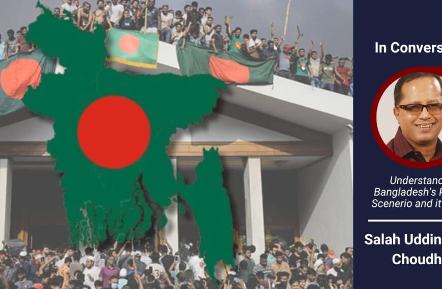 Map of Bangladesh with an image of protests and vandalism, symbolizing the country's ongoing political turmoil and unrest. For interview with Salah Uddin Shoaib Choudhury.