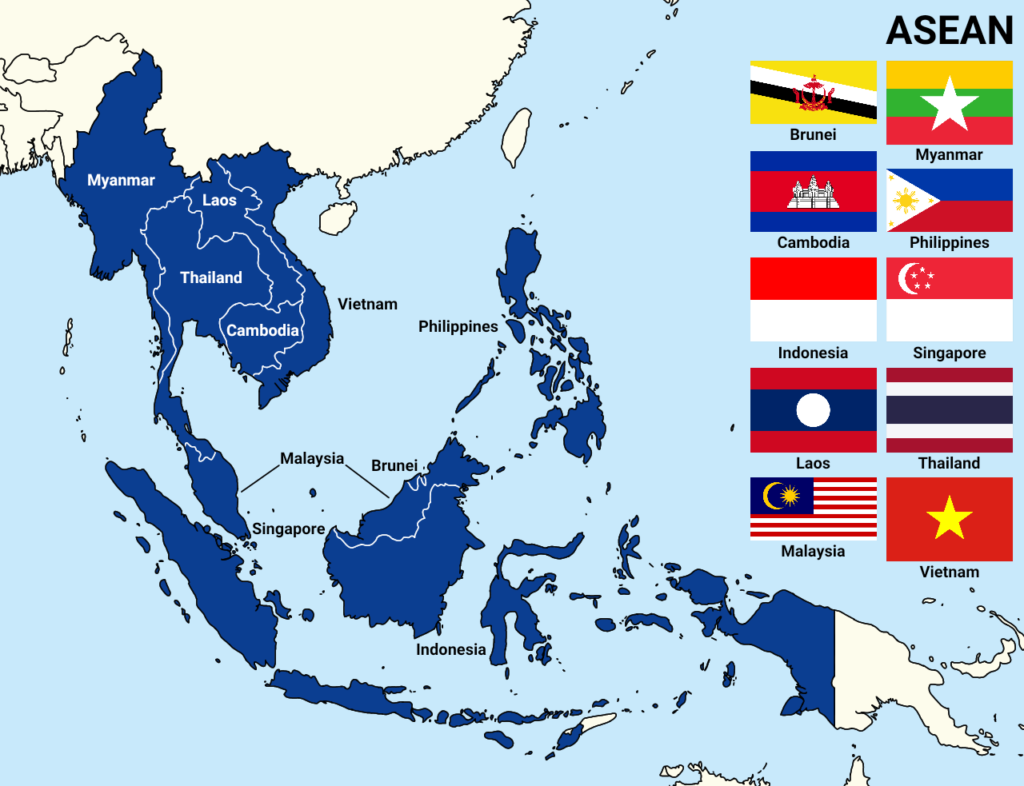 Indo-Pacific Geopolitics: Exclusive Insights from Carlyle Thayer on Regional Dynamics and Strategy Challenges Map and flag of ASEAN countries.