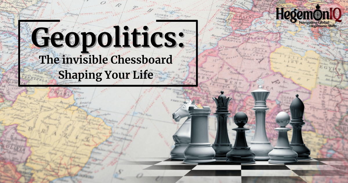 A chessboard representing Global Geopolitics, with chess pieces symbolizing nations and power struggles.