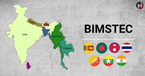 Map of BIMSTEC countries with national flags representing member states.