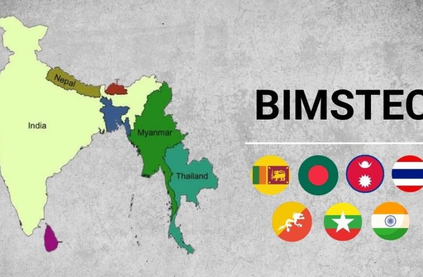 Map of BIMSTEC countries with national flags representing member states.