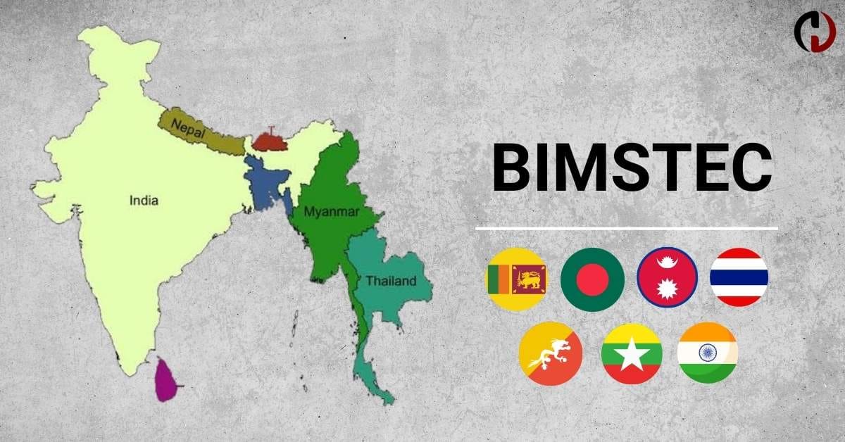 Map of BIMSTEC countries with national flags representing member states.