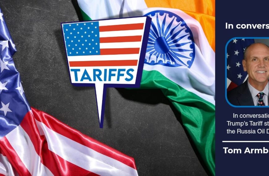 US and Indian flags with "TARIFFS" text in front, featuring Tom Armbruster for an interview on Trump's Tariff strike and the Russia oil dilemma.
