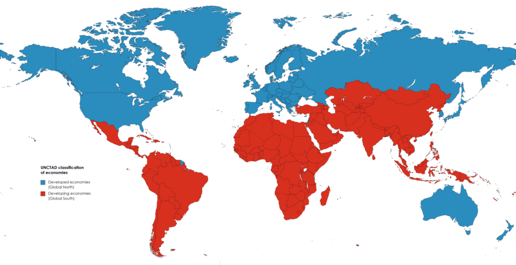 India’s position on Climate Change: The emerging voice of Global South A world map illustrating the divide between the countries of the Global North and the Global South.
