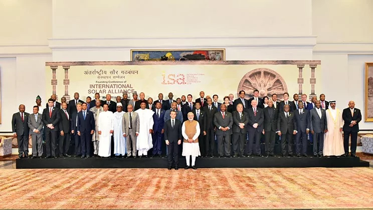 India’s position on Climate Change: The emerging voice of Global South World leaders, including PM Narendra Modi, at the 2015 inauguration of the International Solar Alliance (ISA), reflecting India's Position on Climate Change leadership.