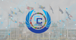 CARICOM logo foregrounded against the Secretariat HQ and member flags, symbolizing the unified CARICOM AI Policy Roadmap.