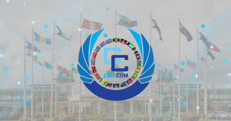 CARICOM logo foregrounded against the Secretariat HQ and member flags, symbolizing the unified CARICOM AI Policy Roadmap.