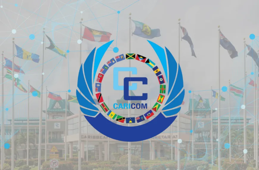 CARICOM logo foregrounded against the Secretariat HQ and member flags, symbolizing the unified CARICOM AI Policy Roadmap.