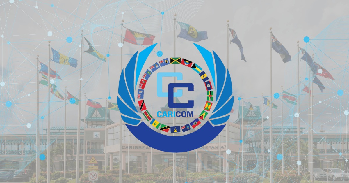 CARICOM logo foregrounded against the Secretariat HQ and member flags, symbolizing the unified CARICOM AI Policy Roadmap.