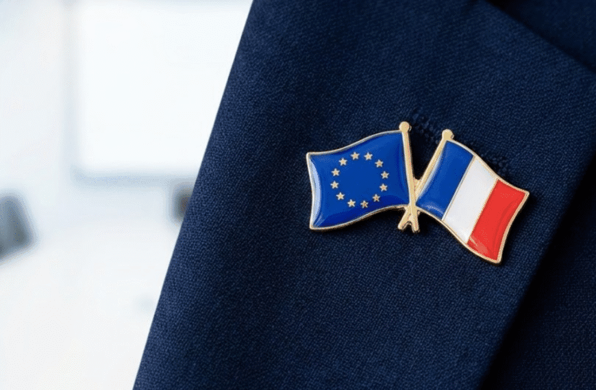 A close-up photograph of a lapel pin featuring crossed European Union and French flags on a blue suit jacket, symbolizing the European Nuclear Backstop partnership.