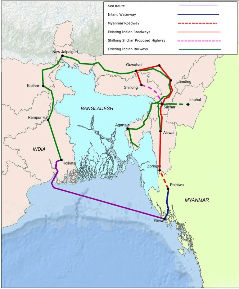 Map of the Kaladan Multi-Modal Transit Transport Project (KMTTP) showing sea and river routes connecting Kolkata, India, to Sittwe and Paletwa in Myanmar.