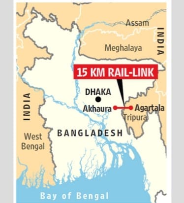 Map of the Agartala-Akhaura rail line route as the major components of the project.