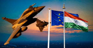 Fighter jets flying beside the flags of India and the European Union, symbolizing strengthening India-EU Relations over a twilight cityscape.