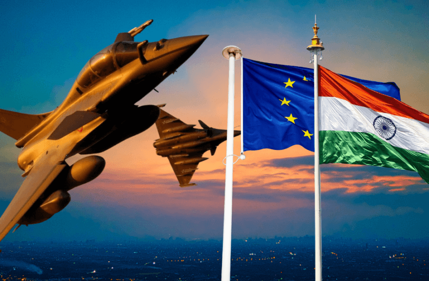 Fighter jets flying beside the flags of India and the European Union, symbolizing strengthening India-EU Relations over a twilight cityscape.