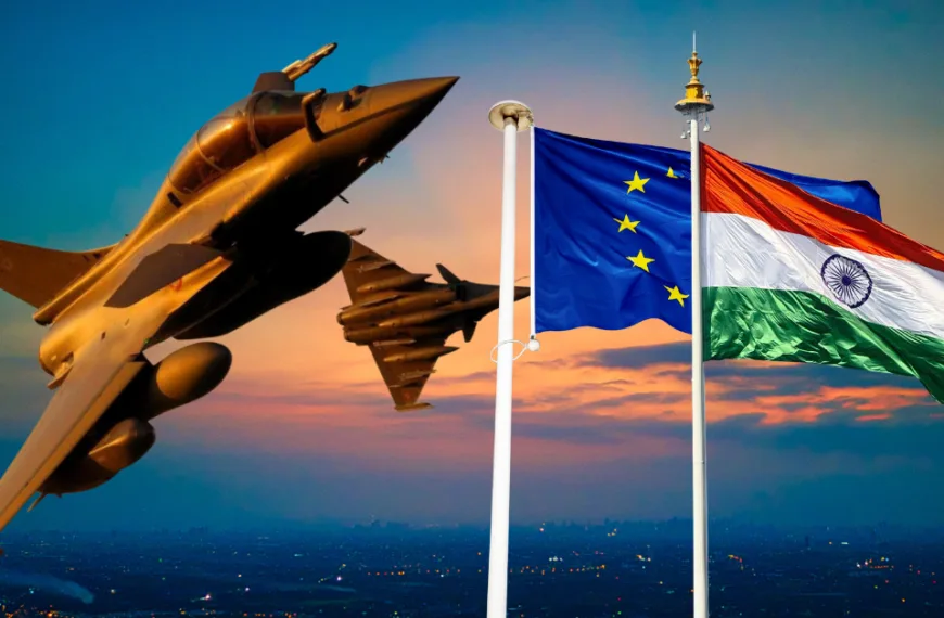 Fighter jets flying beside the flags of India and the European Union, symbolizing strengthening India-EU Relations over a twilight cityscape.