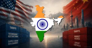 Map of India positioned between the US and China flags with shipping containers representing trade pressures, illustrating India’s Strategic Autonomy in a G2 order.
