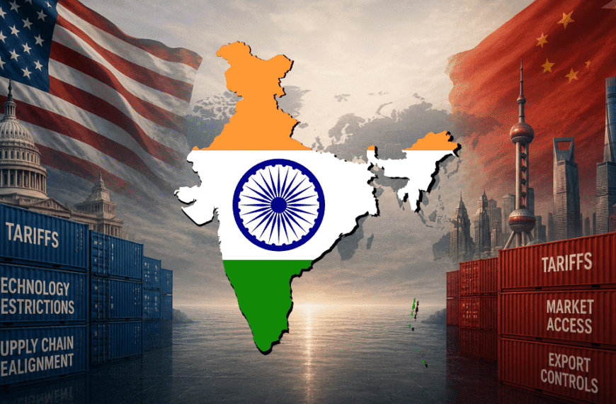 Map of India positioned between the US and China flags with shipping containers representing trade pressures, illustrating India’s Strategic Autonomy in a G2 order.