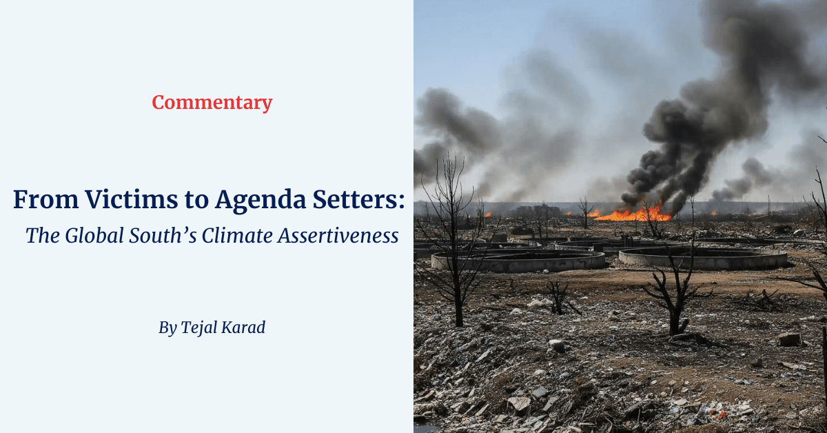 Hegemoniq Graphic featuring the article title next to an image of a scorched landscape with heavy smoke, illustrating climate impacts affecting the Global South.