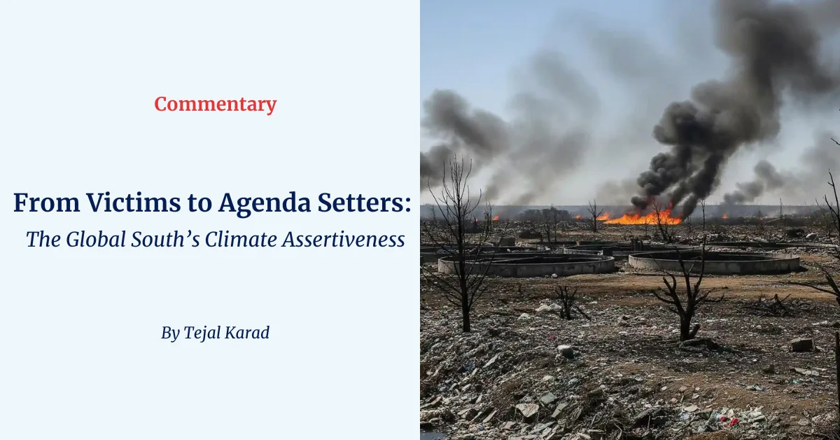 Graphic featuring the article title next to an image of a scorched landscape with heavy smoke, illustrating climate impacts affecting the Global South.