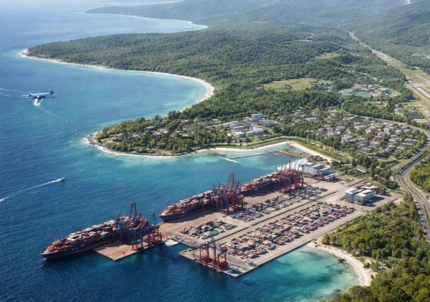 Aerial view of Great Nicobar Island, a critical maritime infrastructure project facing implementation challenges within India's Indo-Pacific Strategy.