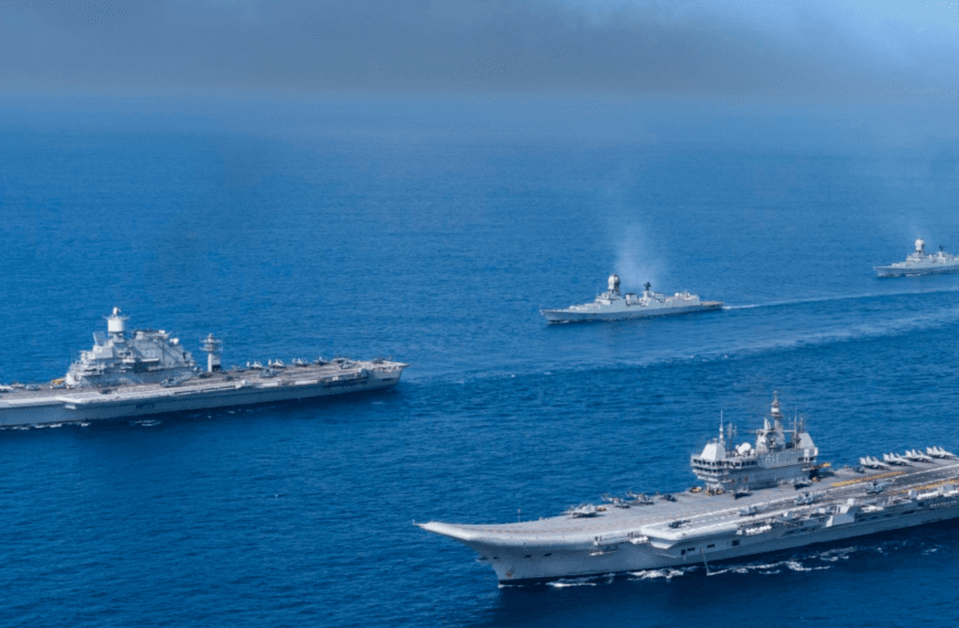 Hegemoniq Indian Navy carrier battle group sailing in formation, representing the maritime capabilities driving India's Indo-Pacific Strategy.