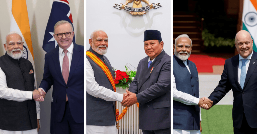 A collage of Prime Minister Narendra Modi meeting with the leaders of Australia, Indonesia, and New Zealand, illustrating the diplomatic outreach of India's Indo-Pacific Strategy.
