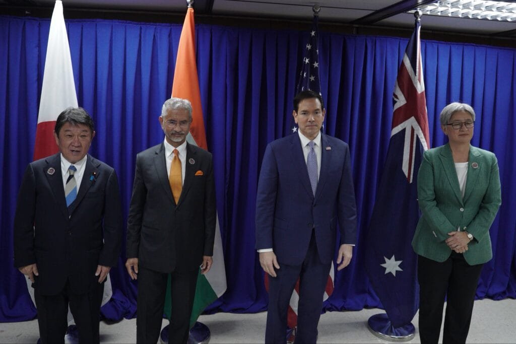 External Affairs Minister S. Jaishankar with QUAD foreign ministers in Manila, highlighting the multi-aligned approach of India's Indo-Pacific Strategy.