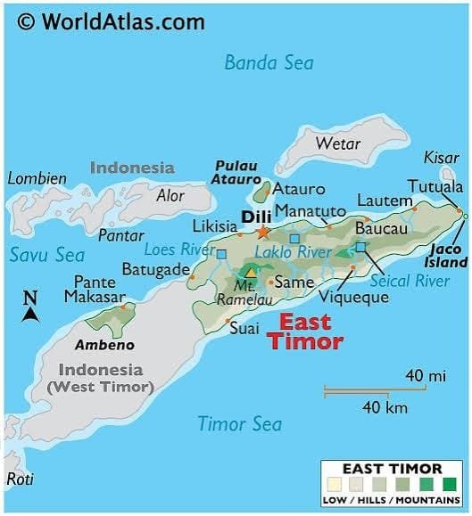 Map of East Timor (Timor-Leste) highlighting Dili and surrounding seas, illustrating the strategic geography behind India–Timor-Leste Relations and New Delhi's Act East Policy.